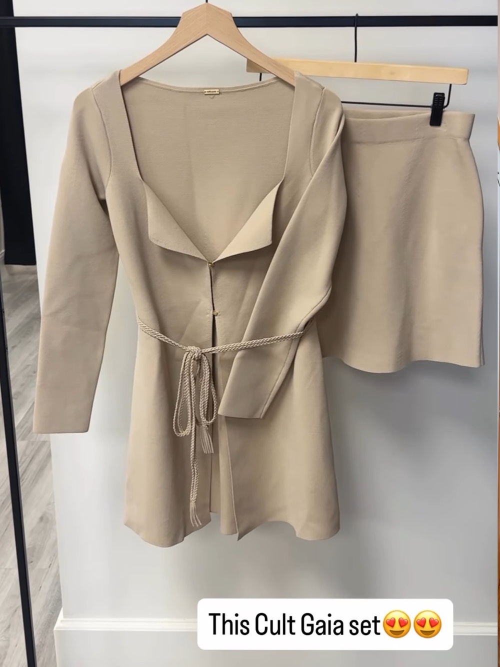 cult gaia Beige Knit Cardigan and Skirt Set with Rope Tie SET